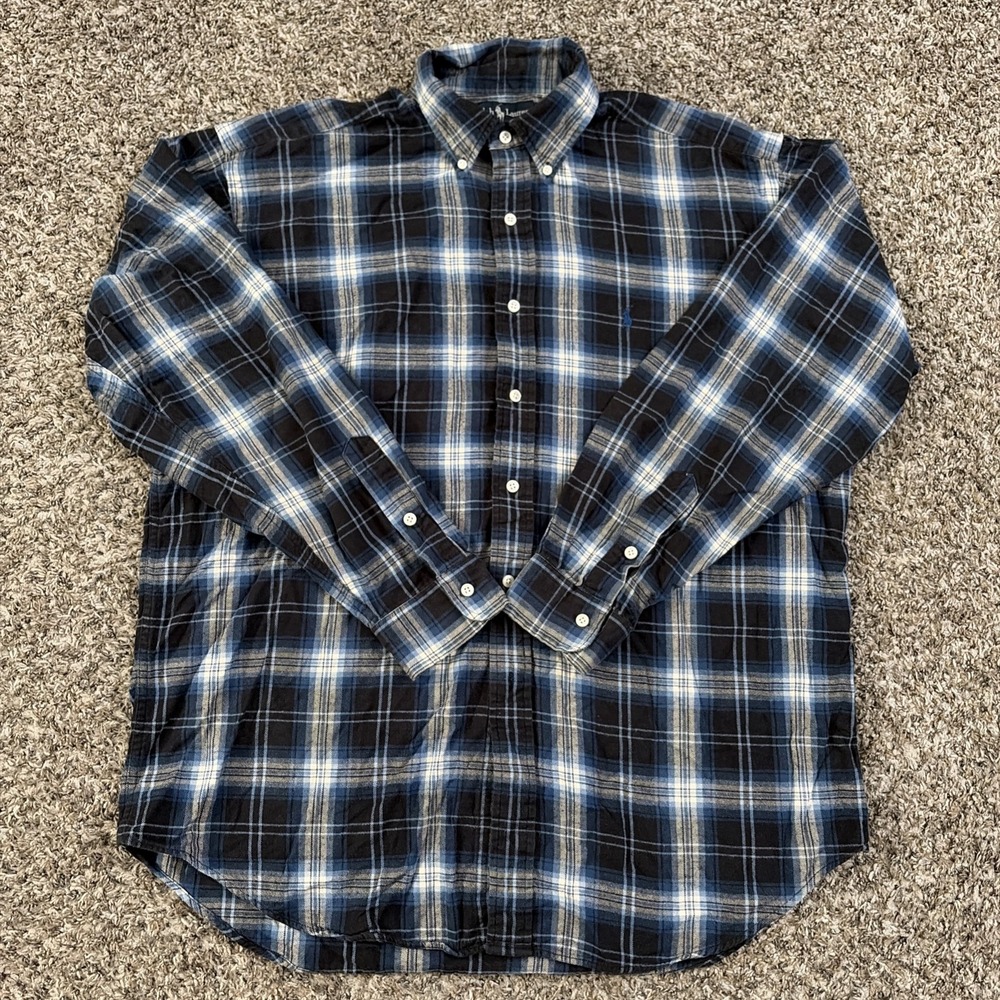 Ralph Lauren Blaire Plaid Blue Long Sleeve Button Down Shirt Size Large Vintage